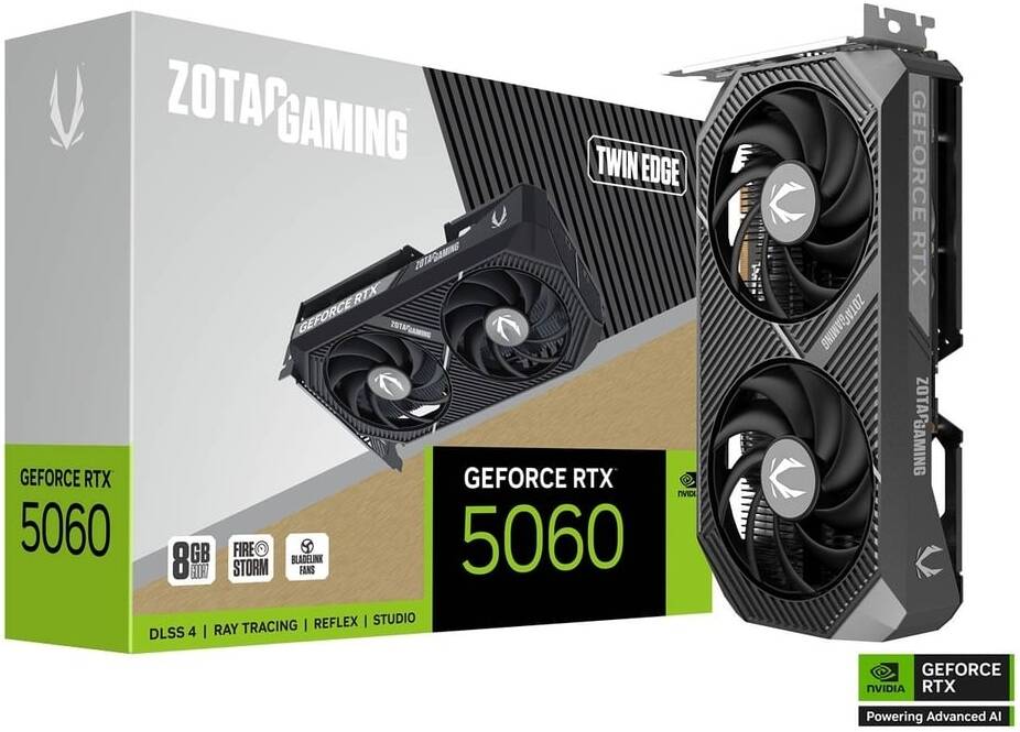 ZOTAC GAMING GeForce RTX 5060 Twin Edge 8GB Graphics Card, GDDR7 128-Bit Memory, 2497 MHz Engine Clock, 28 Gbps Memory Clock, 3840 CUDA Cores, PCI Express 5.0 x8 | ZT-B50600E-10M