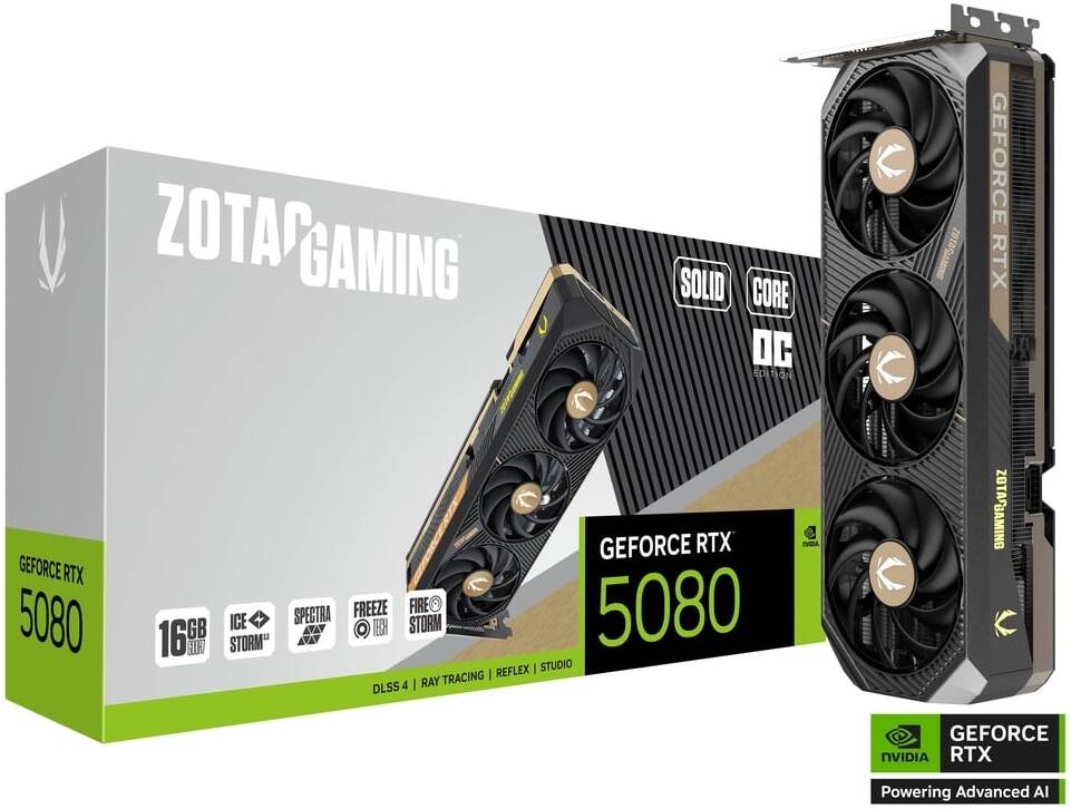 ZOTAC GAMING GeForce RTX 5080 SOLID CORE OC Graphics Card, 16GB GDDR7 256-Bit Memory, 2640 MHz Engine Clock, 30 Gbps Memory Clock, 10752 CUDA Cores, PCI Express 5.0 x16 | ZT-B50800J2-10P