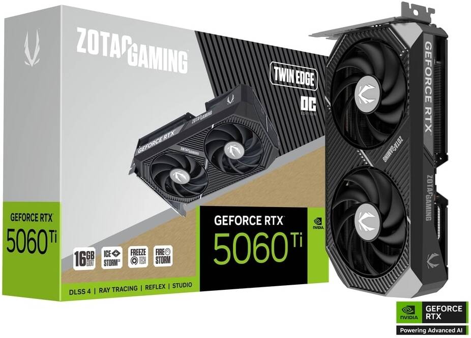 ZOTAC GAMING GeForce RTX 5060 Ti Twin Edge OC Graphics Card, 16GB GDDR7 128-Bit Memory, 2602 MHz Engine Clock, 28 Gbps Memory Clock, 4608 CUDA Cores, PCI Express 5.0 x8 | ZT-B50620H-10M