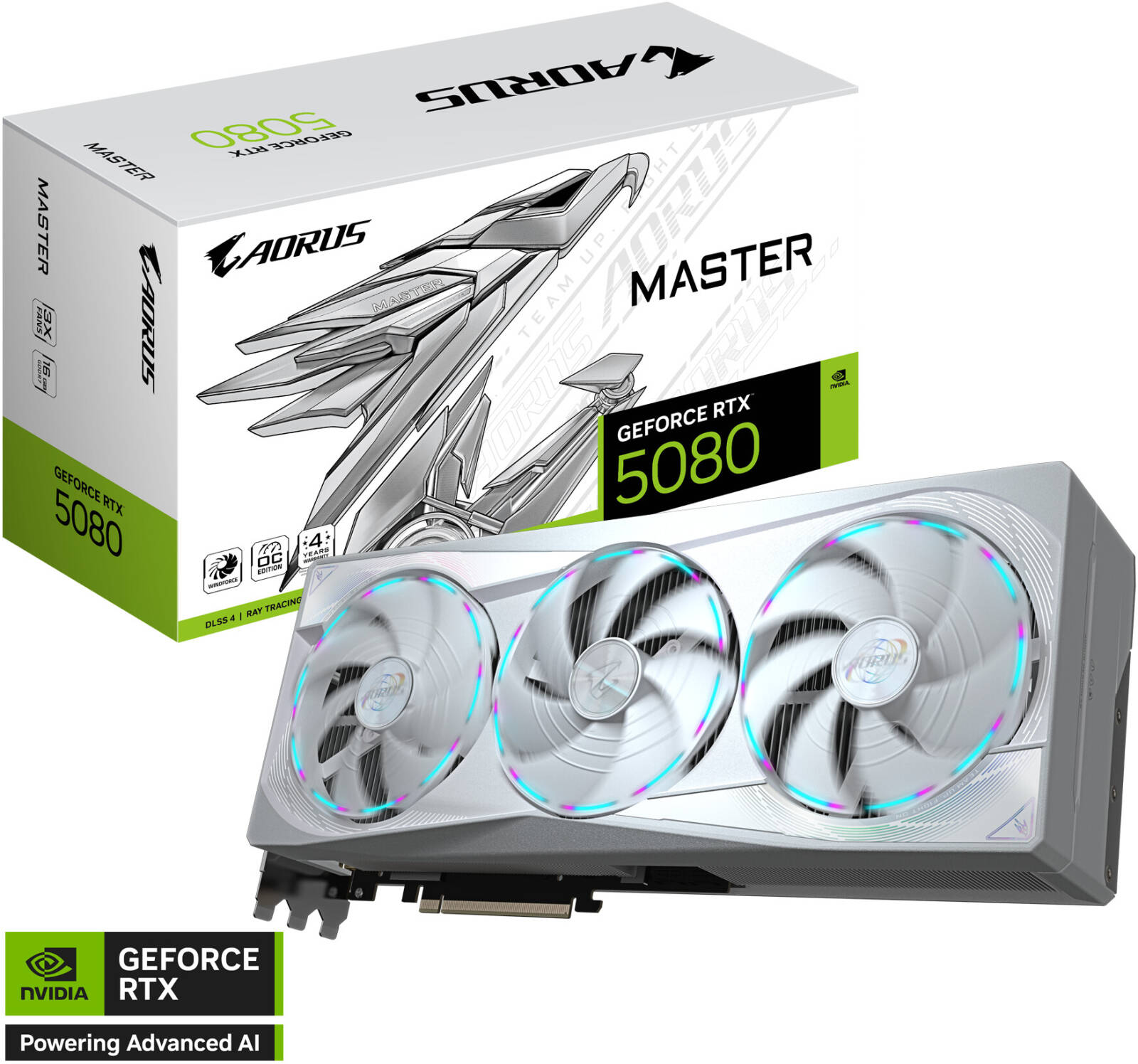 GIGABYTE AORUS GeForce RTX 5080 MASTER ICE Graphics Card, 16GB GDDR7 256-Bit Memory, 2805 MHz Core Clock, 30 Gbps Memory Clock, 10752 CUDA Cores, PCI-Express 5.0, White | GV-N5080AORUSM ICE-16GD