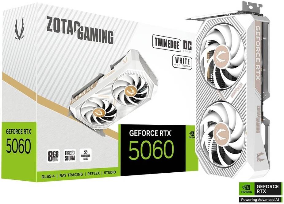 ZOTAC GAMING GeForce RTX 5060 Twin Edge OC 8GB White Edition Graphics Card, GDDR7 128-Bit Memory, 2497 MHz Engine Clock, 28 Gbps Memory Clock, 3840 CUDA Cores, PCI Express 5.0 x8 | ZT-B50600Q-10M