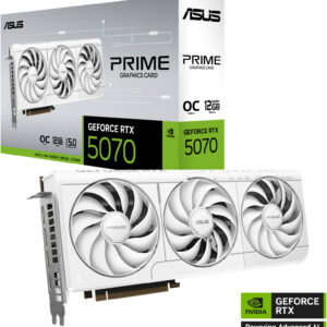 ASUS Prime GeForce RTX 5070 12GB OC Edition Graphics Card, GDDR7 192-Bit Memory, 2557MHz Boost Clock, 6144 CUDA Cores, 28 Gbps Memory Speed, PCI Express Gen 5, White | 90YV0M19-M0NA00