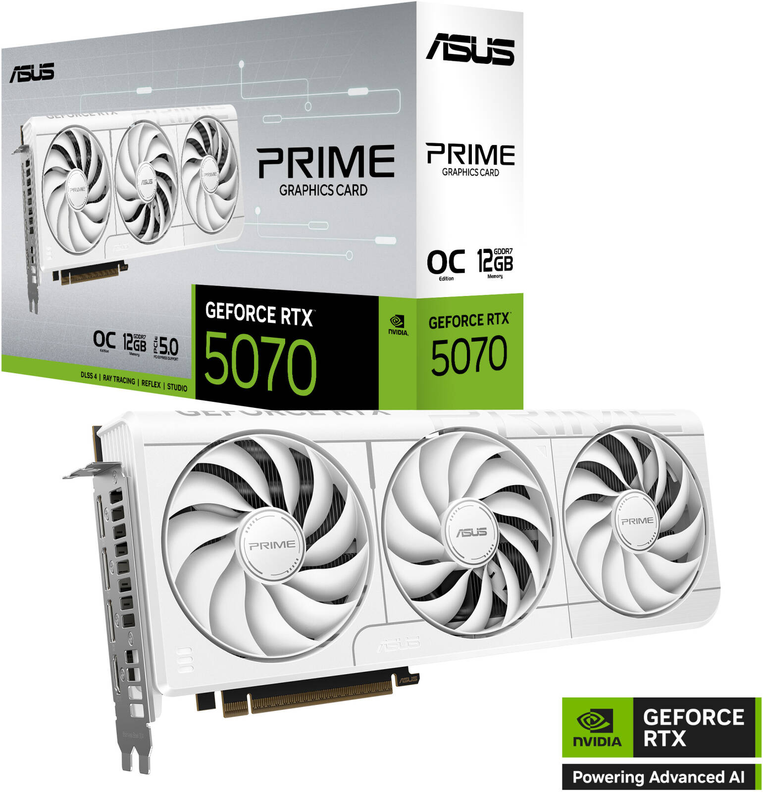 ASUS Prime GeForce RTX 5070 12GB OC Edition Graphics Card, GDDR7 192-Bit Memory, 2557MHz Boost Clock, 6144 CUDA Cores, 28 Gbps Memory Speed, PCI Express Gen 5, White | 90YV0M19-M0NA00