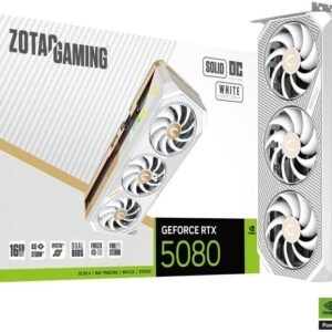 ZOTAC GAMING GeForce RTX 5080 SOLID OC Graphics Card, 16GB GDDR7 256-Bit Memory, 2640MHz Engine Clock, 30 Gbps Memory Clock, 10752 CUDA Cores, PCI Express 5.0 x16, White | ZT-B50800Q-10P