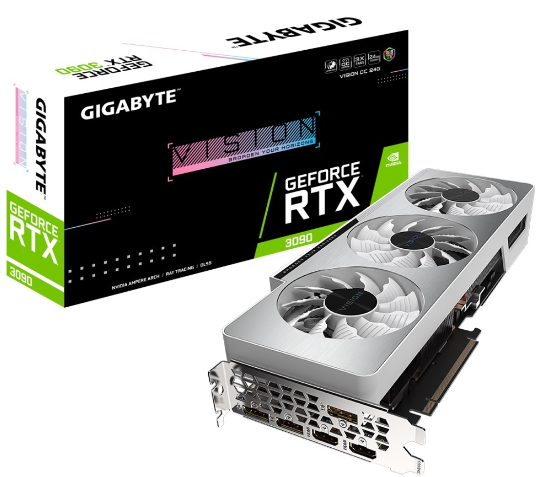 Gigabyte GeForce RTX 3090 Vision OC 24G Graphics Card, ATX, 1755 MHz (Reference Card: 1695 MHz), 24GB GDDR6X, 384-bit, PCI-E 4.0 x 16, DP 1.4a x 3, HDMI 2.1 x 2 - White | GV-N3090VISIONOC-24GD